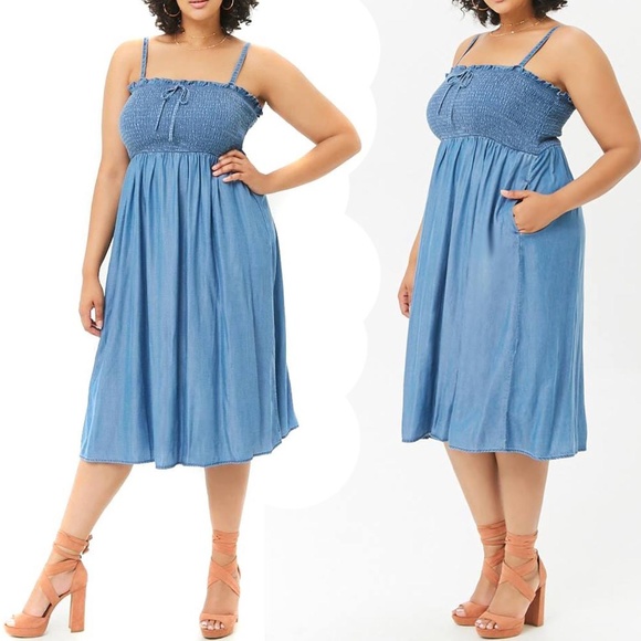 Forever 21 Dresses & Skirts - Forever 21 Plus Size Blue Chambray Smocked Dress